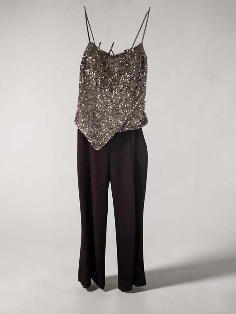 PAIR of Vintage Y2K 100% Pure Silk Asymmetrical Sequin Top w/Wide Leg Silhouette